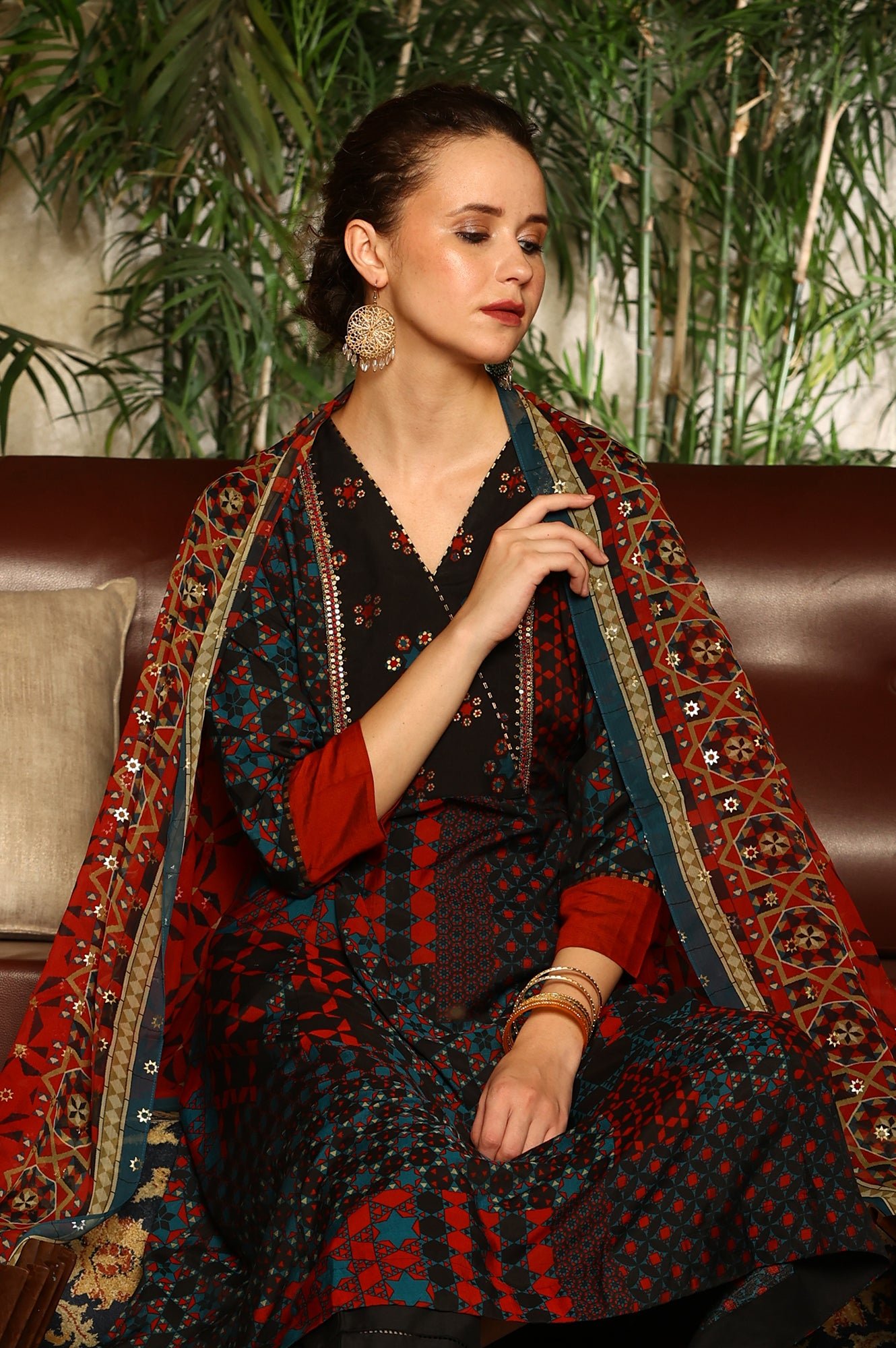 Black Multi-Coloured Patch Printed Metallic Embroidered A-Line Kurta, Pants And Dupatta Set - View 6