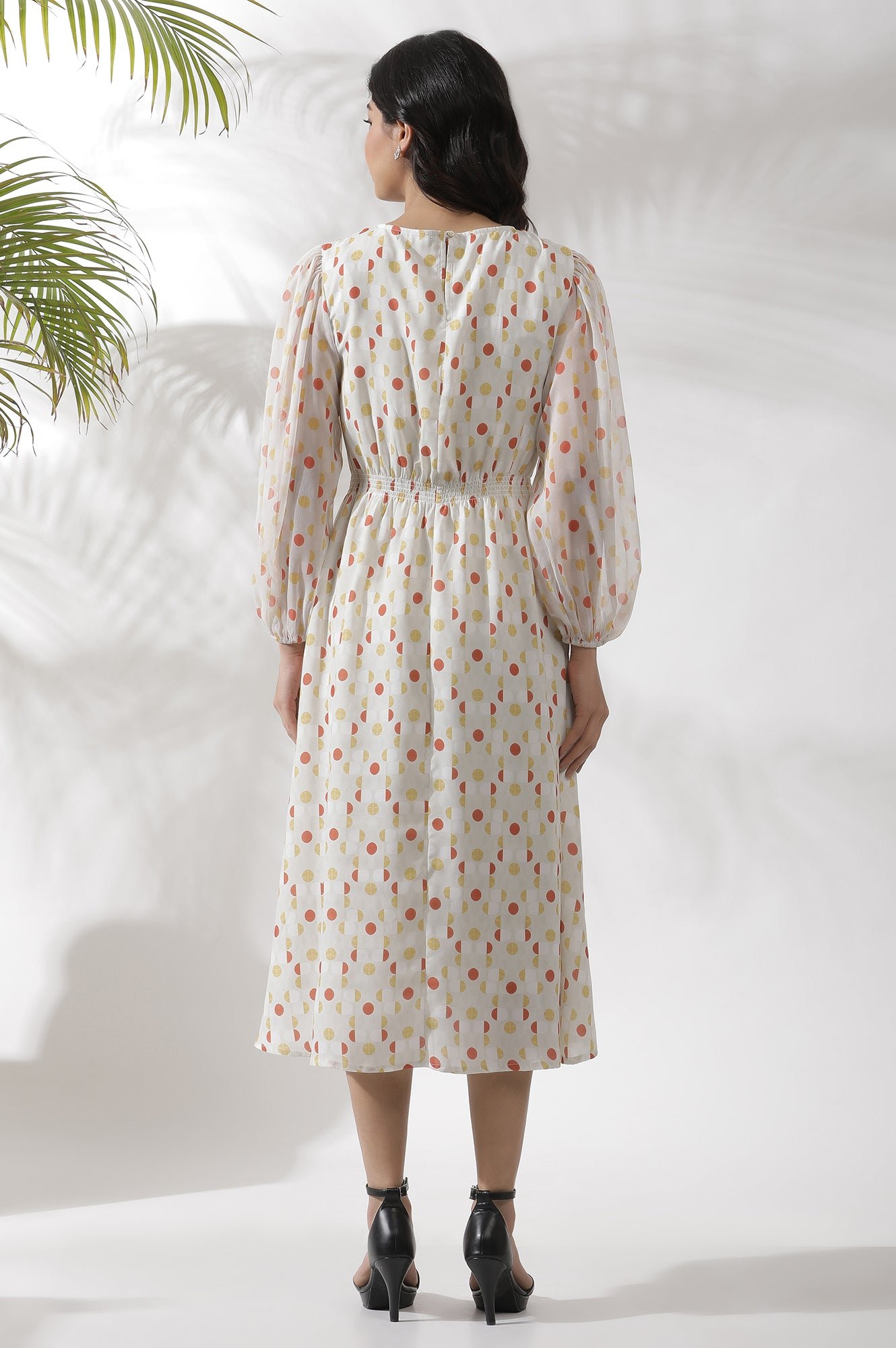 White Polka Dot Printed Gathered Western Dress - View 8
