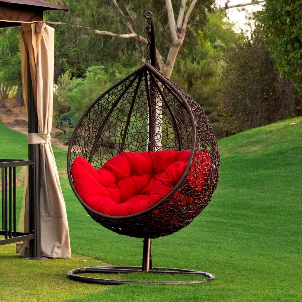 Rattan Knots Craft India Single Seater Swing Chair With Stand & Cushion Outdoor Indoor Balcony Garden Patio,Powder Coated Frame,Uv Protected Wicker,Premium Cushion Af_In_038